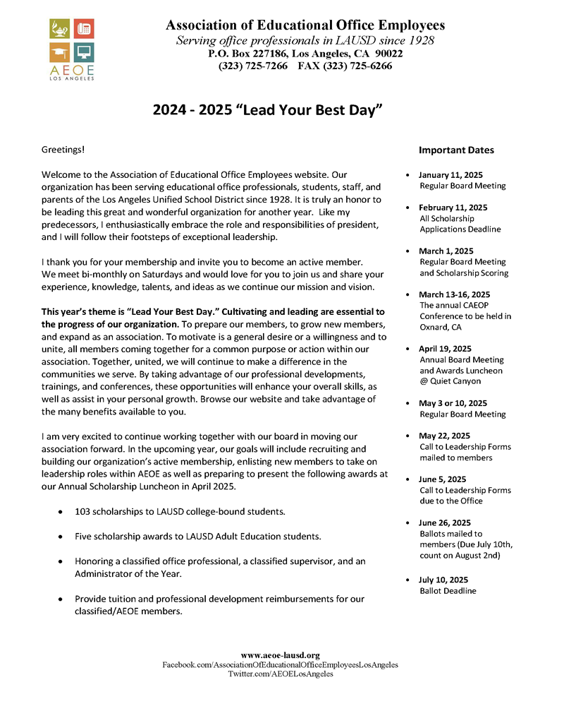 Page 1 of President's 2024-25 Welcome Letter